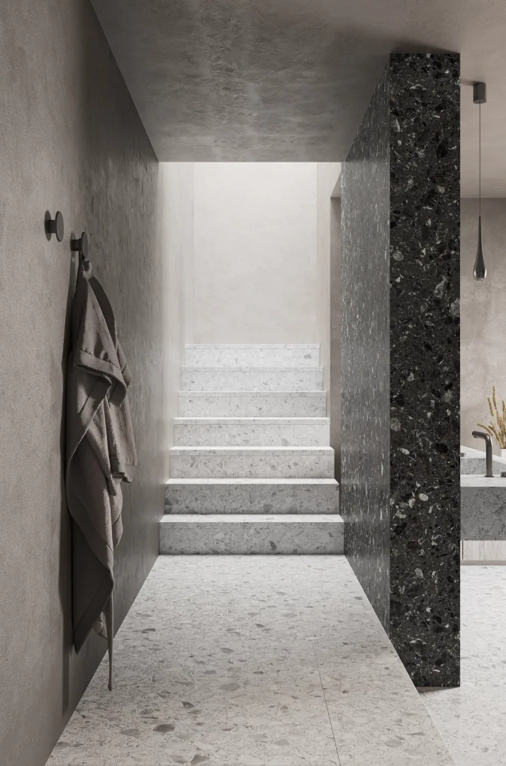 Gres Casalgrande Padana MACRO efekt terrazzo - aranzacja w przestronnym holu