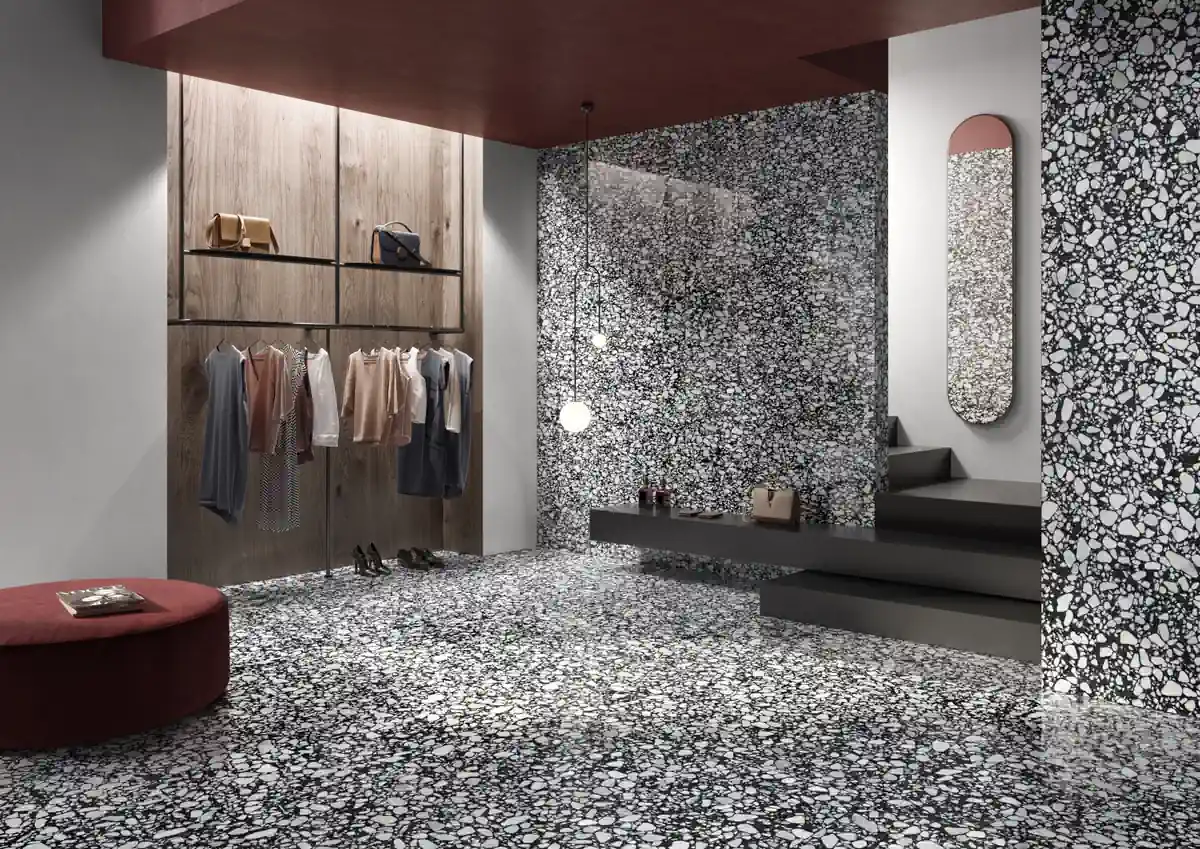 Gres Casalgrande Padana MACRO efekt terrazzo - aranzacja w nowoczesnym salonie