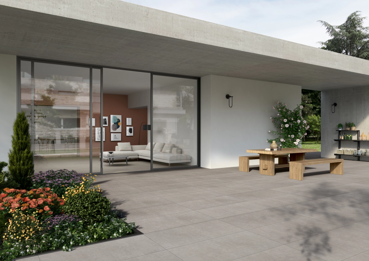 Gres Casalgrande Padana TIMELESS efekt beton - aranzacja w przestronnym holu