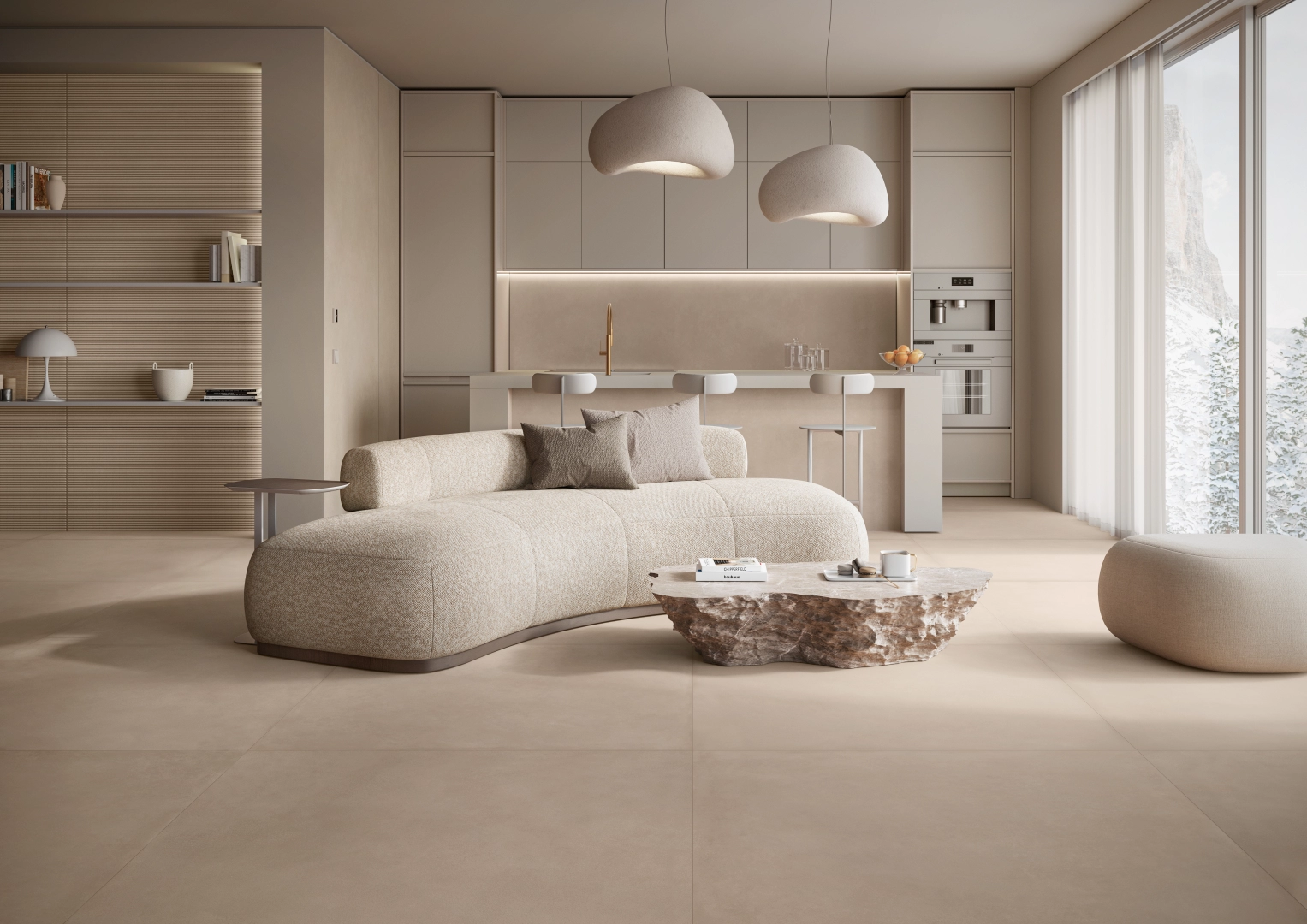 Gres Casalgrande Padana TERRAE efekt beton - aranzacja w nowoczesnym salonie