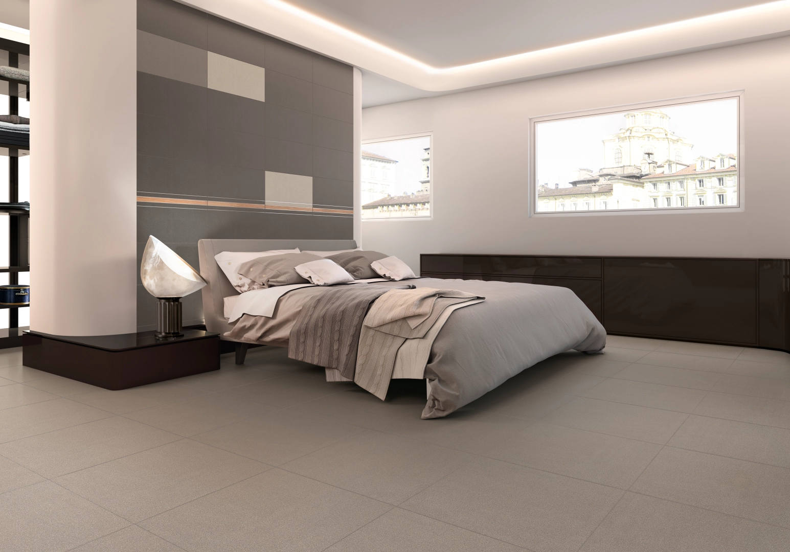 Gres Casalgrande Padana EARTH efekt beton - aranzacja w przestronnym holu