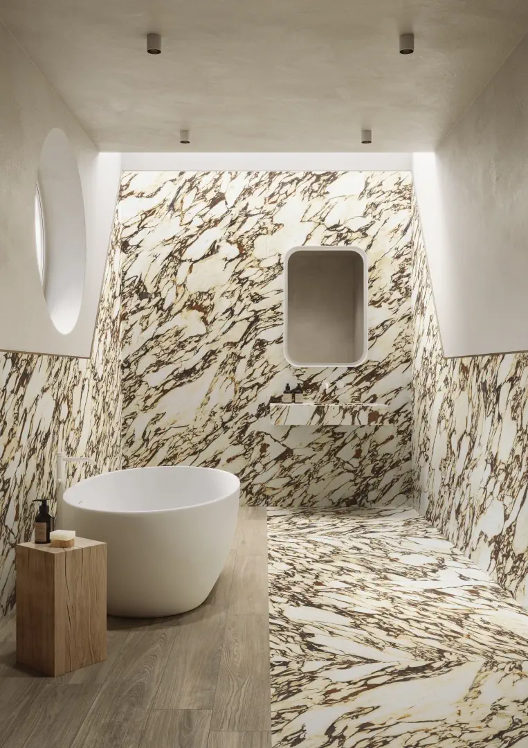 Gres Casalgrande Padana MARMORA efekt marmur - aranzacja w minimalistycznym wnetrzu