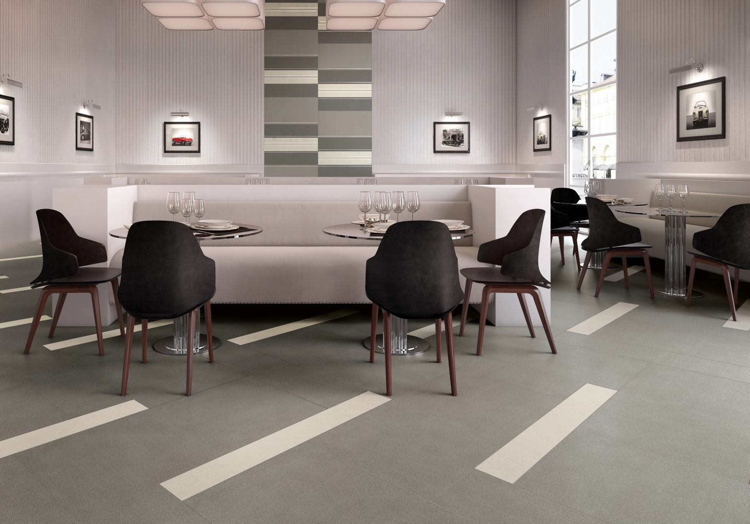 Gres Casalgrande Padana EARTH efekt beton - aranzacja w strefie dziennej z duzymi przeszkleniami