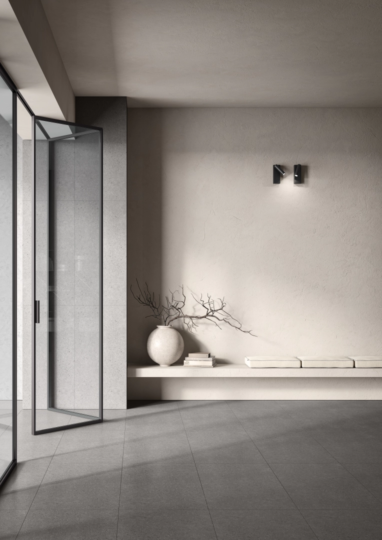 Gres Casalgrande Padana STONETECH efekt kamień - aranzacja w minimalistycznym wnetrzu