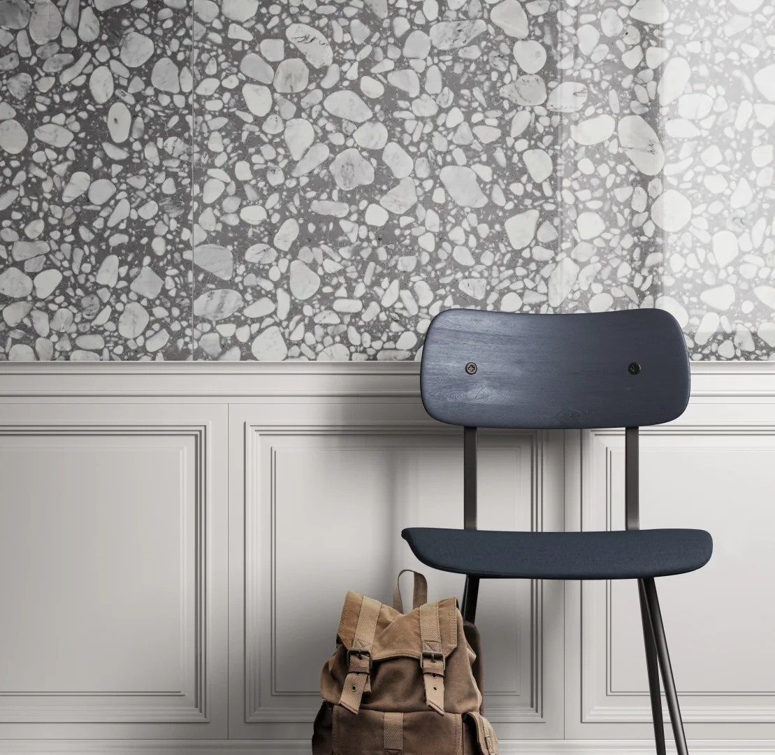 Gres Casalgrande Padana MACRO efekt terrazzo - aranzacja w minimalistycznym wnetrzu