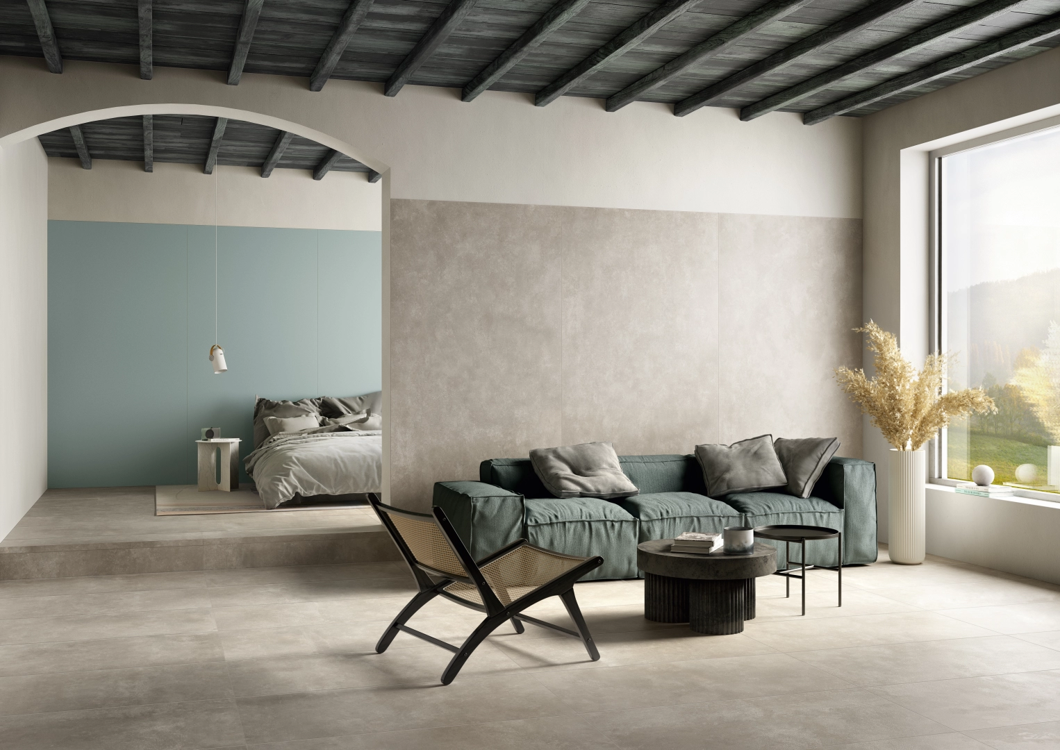 Gres Casalgrande Padana METROPOLIS efekt beton - aranzacja w nowoczesnym salonie