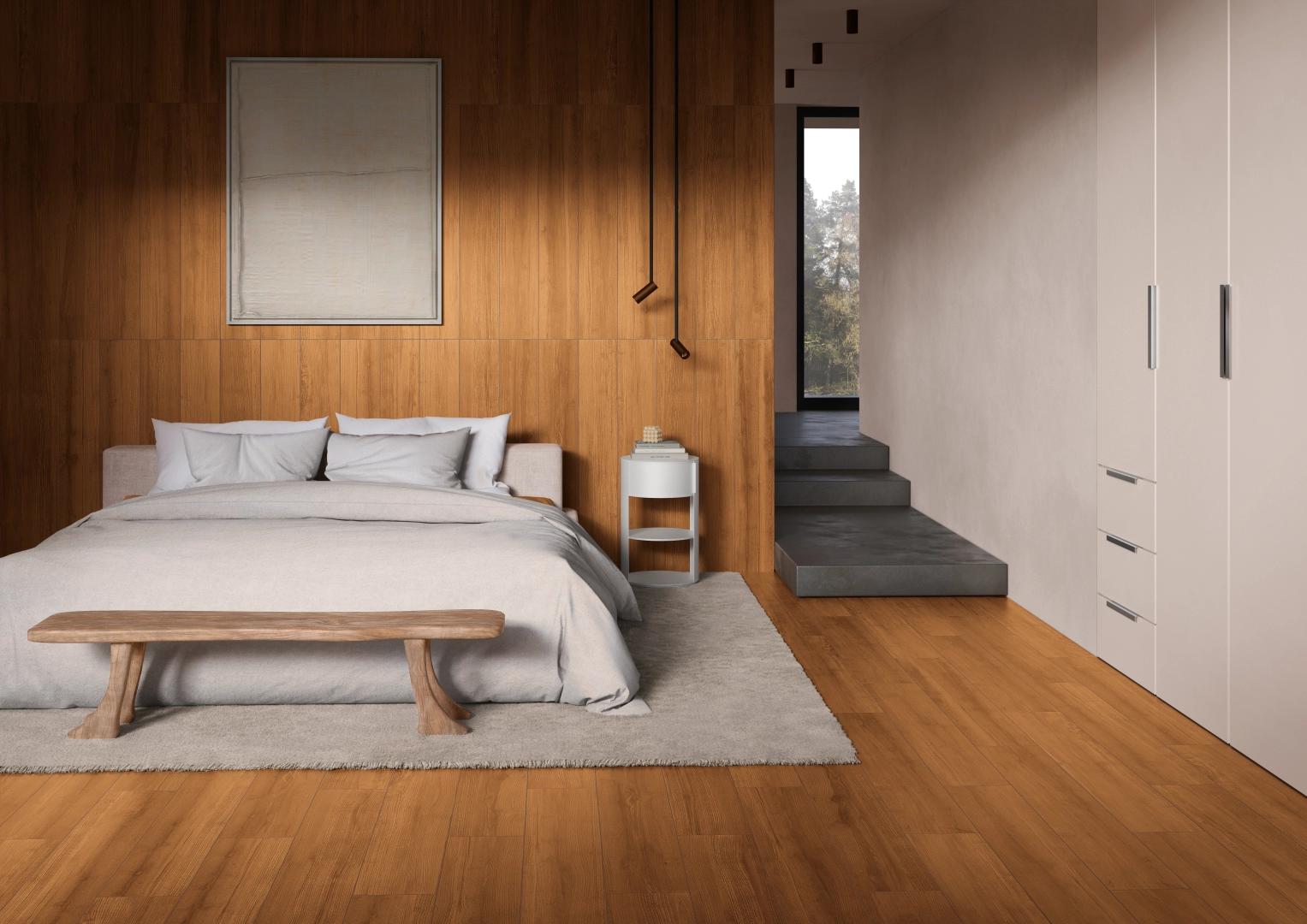 Gres Casalgrande Padana PROJECT WOOD efekt drewno - aranzacja w strefie dziennej z duzymi przeszkleniami