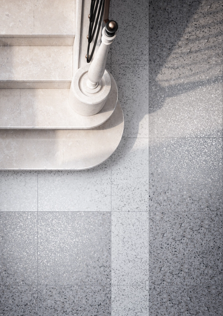 Gres Casalgrande Padana TERRAZZO efekt terrazzo - aranzacja w eleganckiej lazience