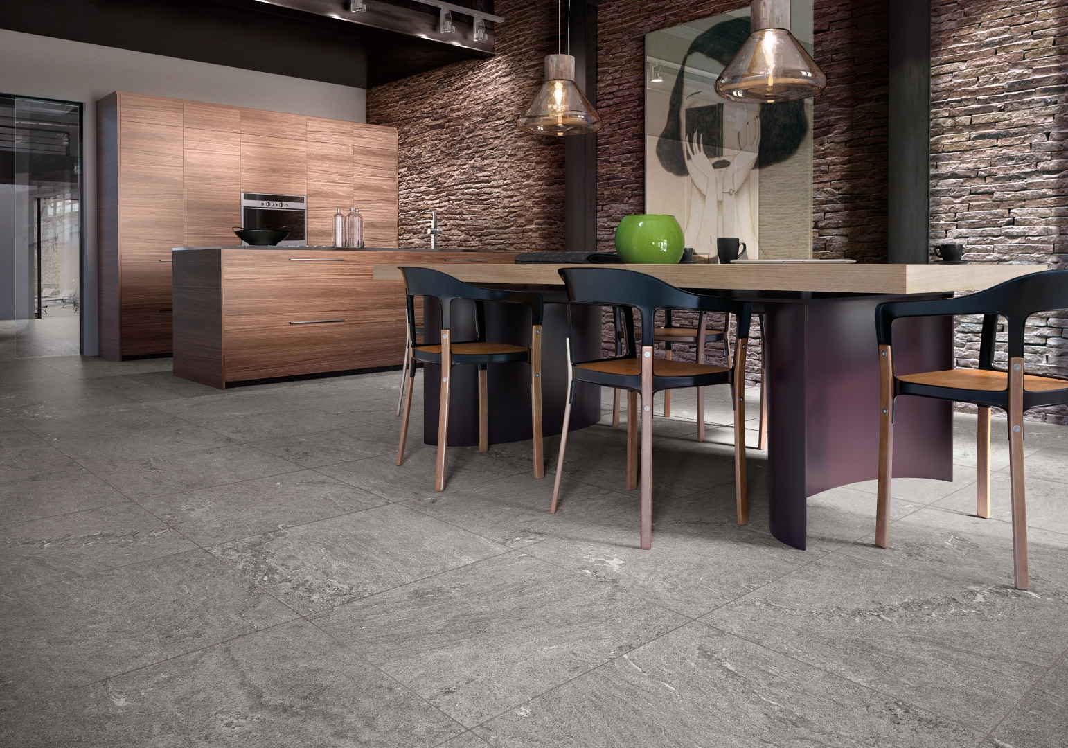 Gres Casalgrande Padana PIETRE DI PARAGONE efekt terrazzo, kamień - aranzacja w nowoczesnym salonie