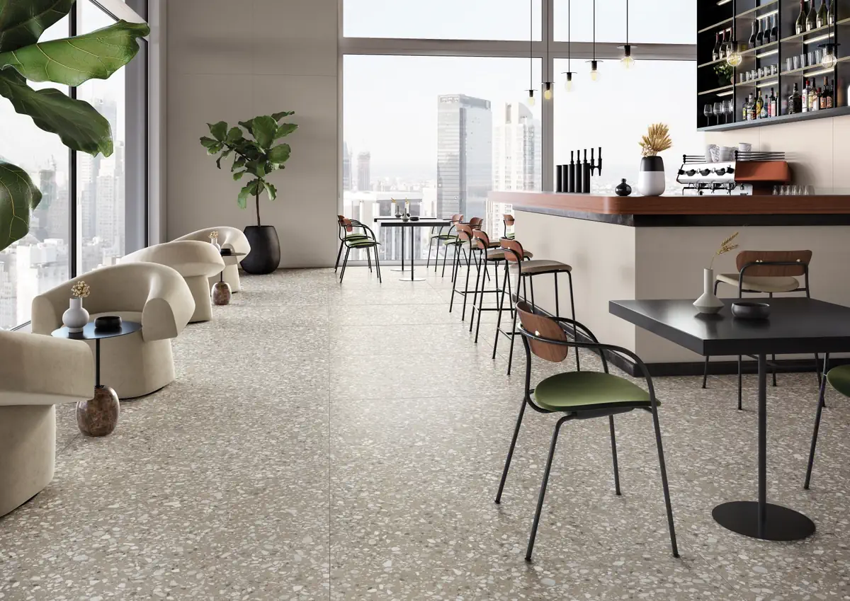 Gres Casalgrande Padana LE VILLE efekt terrazzo - aranzacja w przestronnym holu