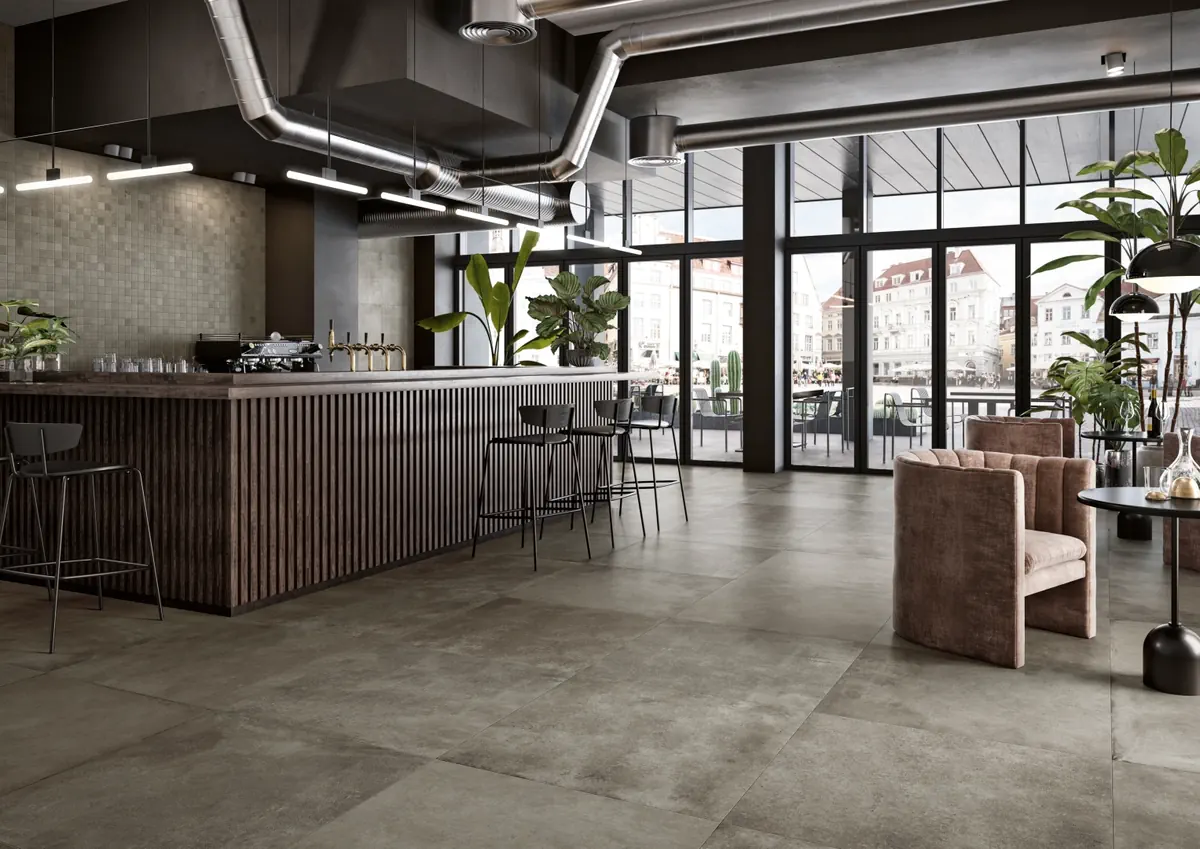 Gres Casalgrande Padana MANHATTAN efekt beton - aranzacja w przestronnym holu