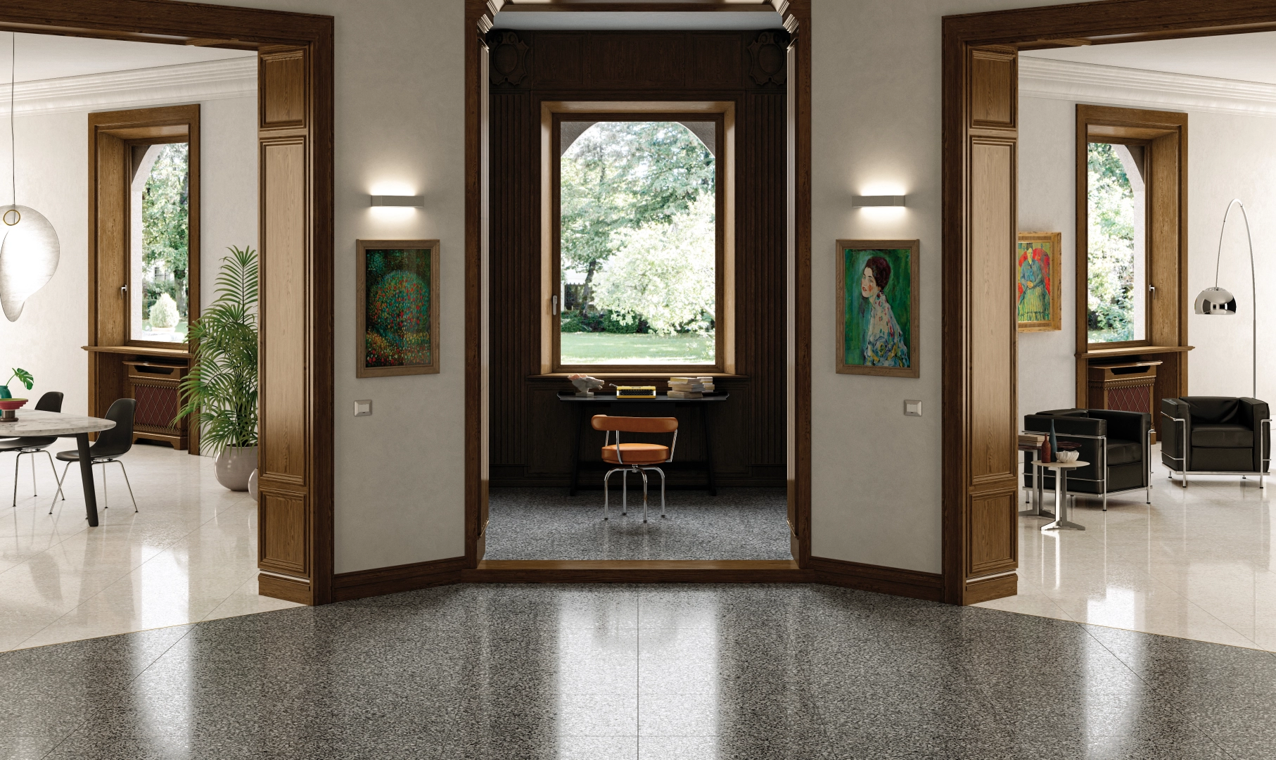 Gres Casalgrande Padana TERRAZZO efekt terrazzo - aranzacja w przy kominku