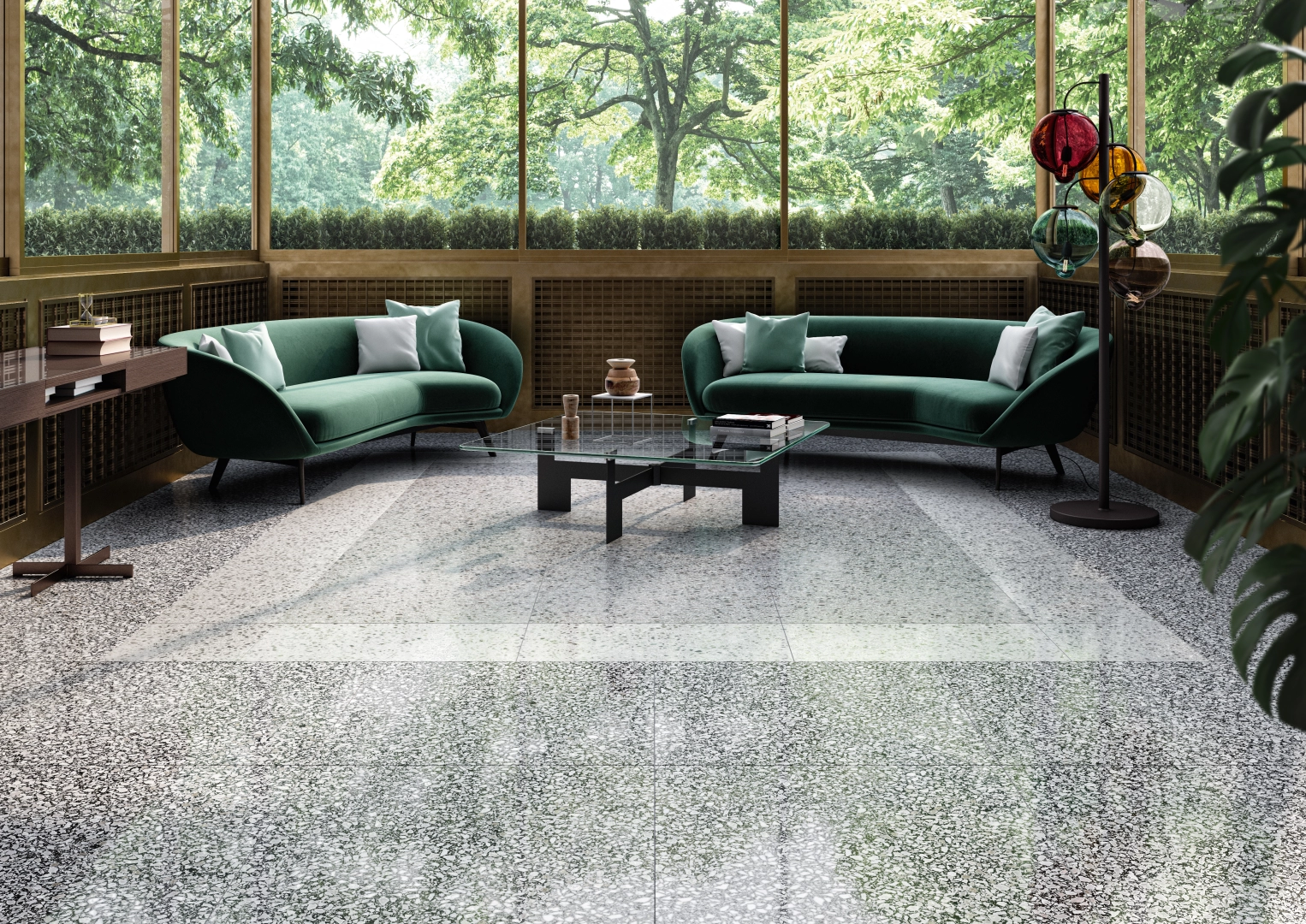 Gres Casalgrande Padana TERRAZZO efekt terrazzo - aranzacja w korytarzu z naturalnym swiatlem