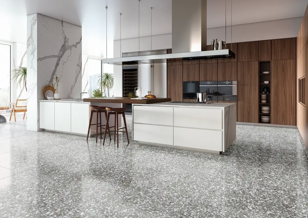 Gres Casalgrande Padana LE VILLE efekt terrazzo - aranzacja w eleganckiej lazience