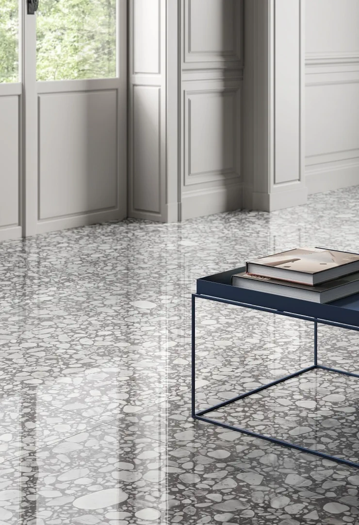 Gres Casalgrande Padana MACRO efekt terrazzo - aranzacja w minimalistycznym wnetrzu
