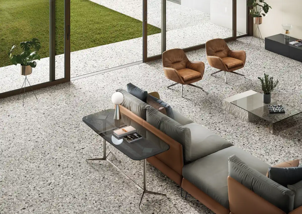 Gres Casalgrande Padana LE VILLE efekt terrazzo - aranzacja w minimalistycznym wnetrzu