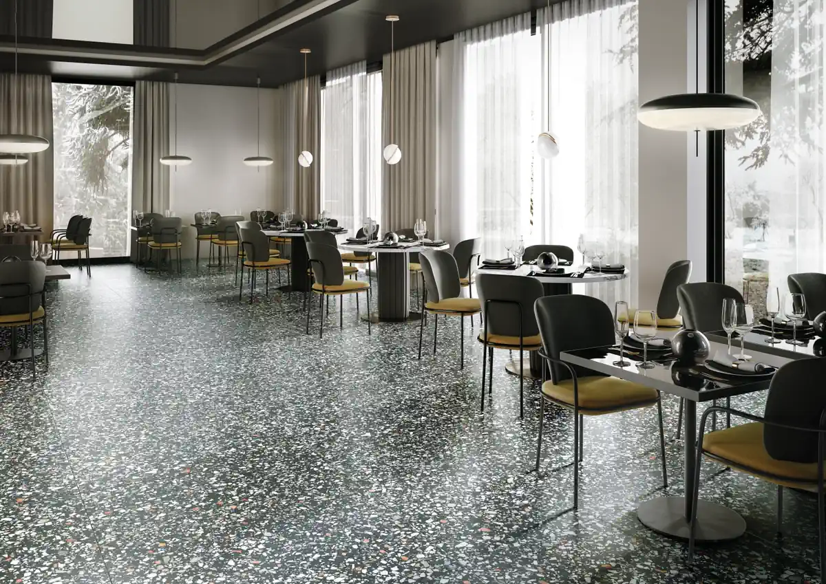 Gres Casalgrande Padana LE VILLE efekt terrazzo - aranzacja w przestronnym holu