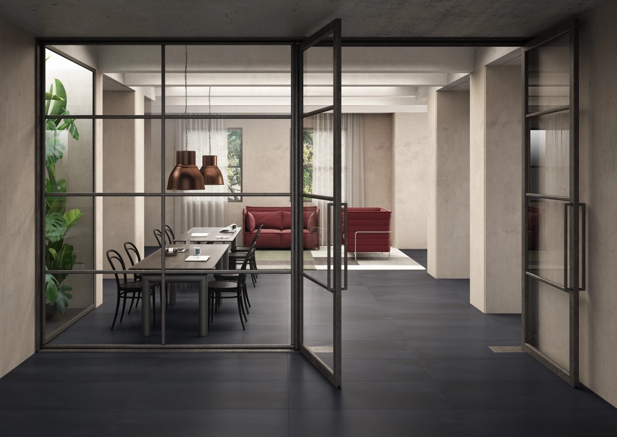Gres Casalgrande Padana R-EVOLUTION efekt beton - aranzacja w przestronnym holu