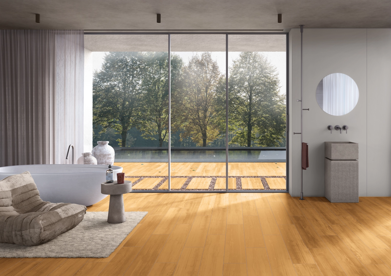 Gres Casalgrande Padana PROJECT WOOD efekt drewno - aranzacja w przestronnym holu