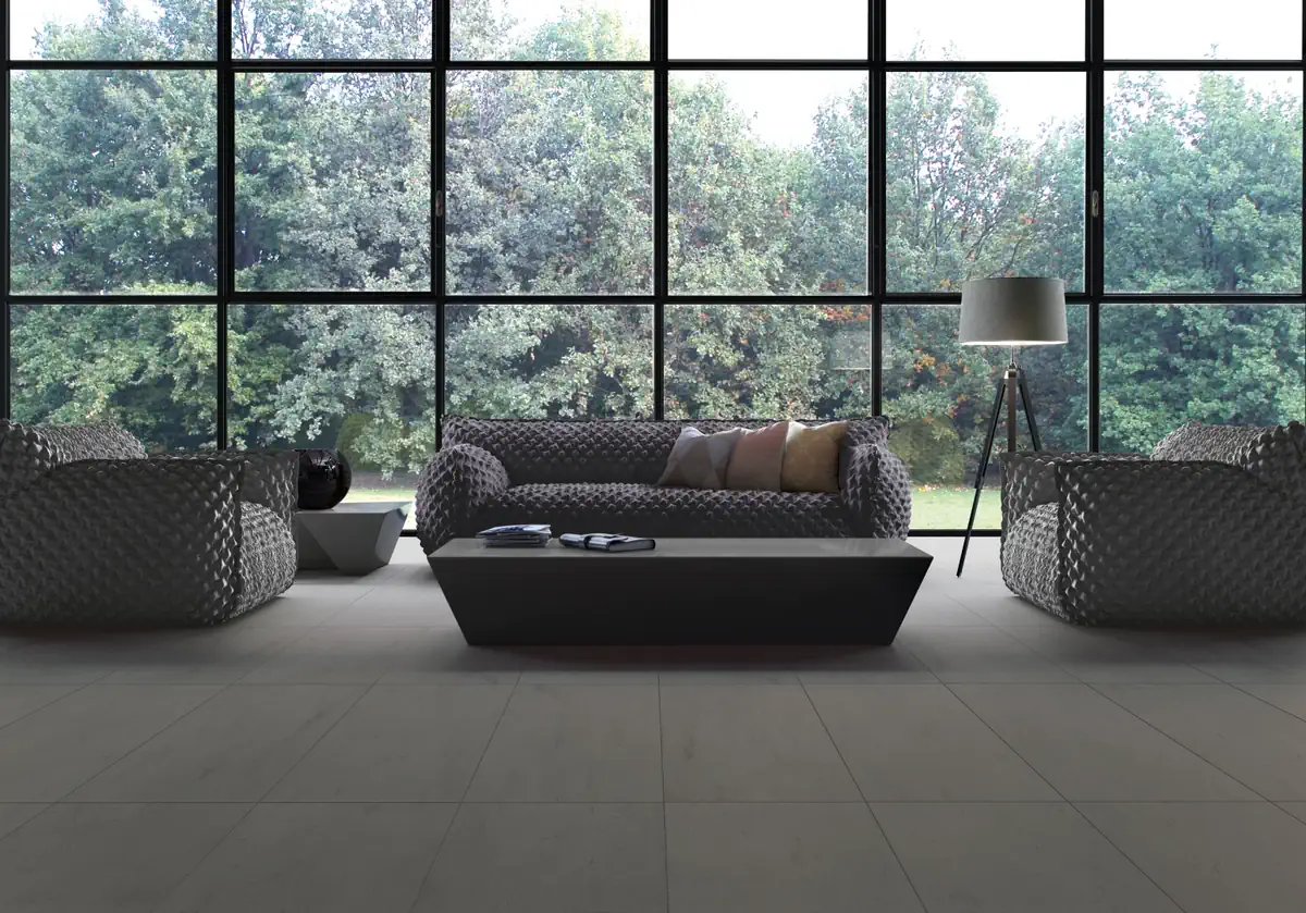 Gres Casalgrande Padana PIETRE DI PARAGONE efekt terrazzo, kamień - aranzacja w nowoczesnym salonie