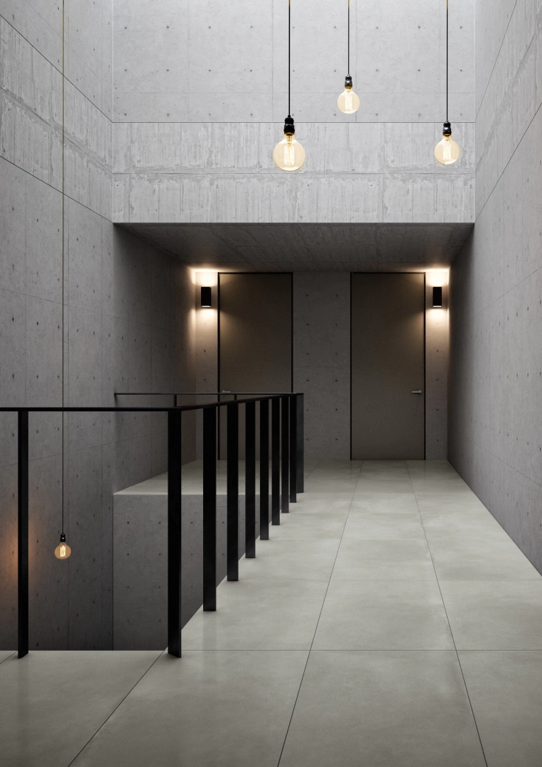 Gres Casalgrande Padana R-EVOLUTION efekt beton - aranzacja w przestronnym holu
