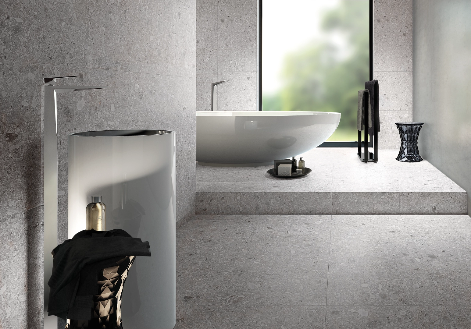 Gres Casalgrande Padana PIETRE DI PARAGONE efekt terrazzo, kamień - aranzacja w przestronnym holu