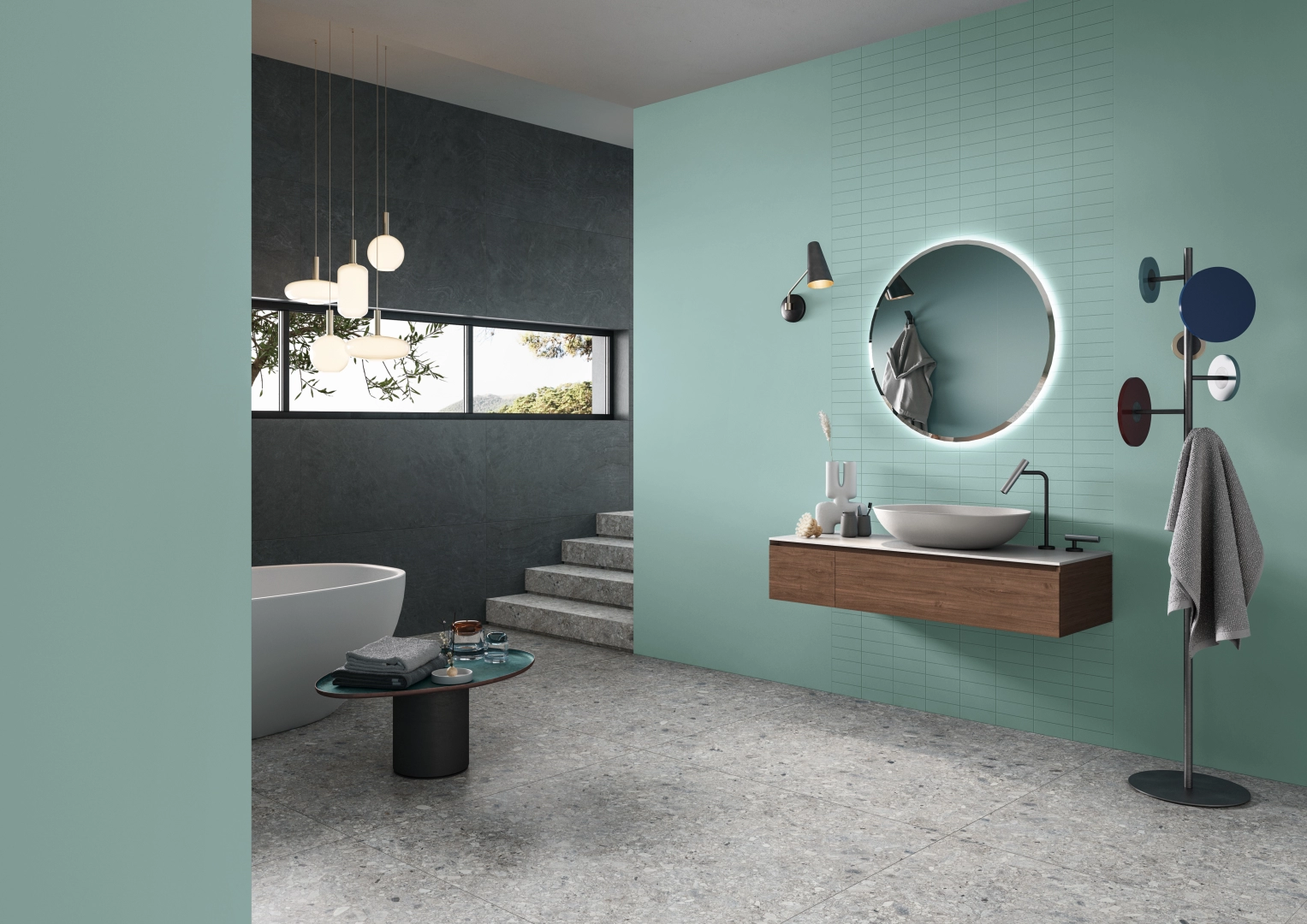 Gres Casalgrande Padana ATELIER efekt kolor - aranzacja w strefie dziennej z duzymi przeszkleniami