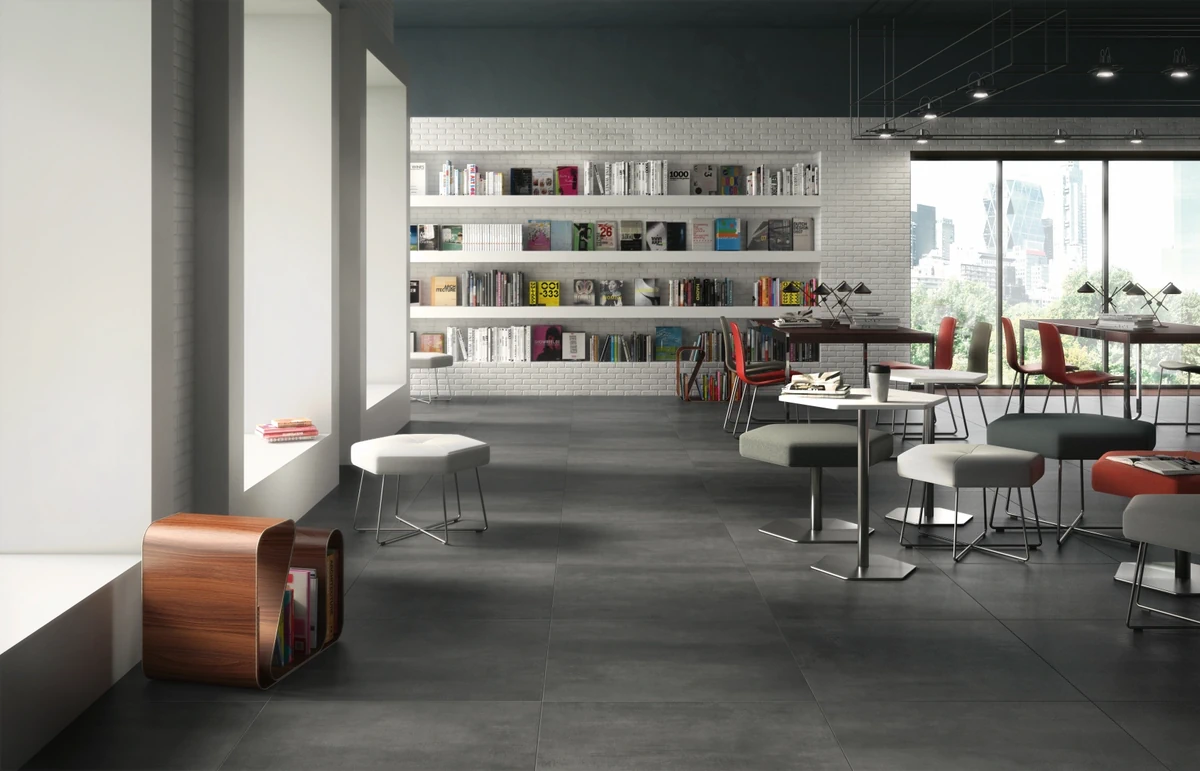 Gres Casalgrande Padana BETON efekt beton - aranzacja w przy kominku