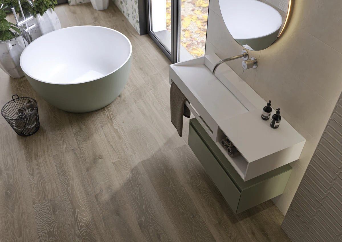 Gres Cifre CAMDEN efekt drewno - aranzacja w eleganckiej lazience