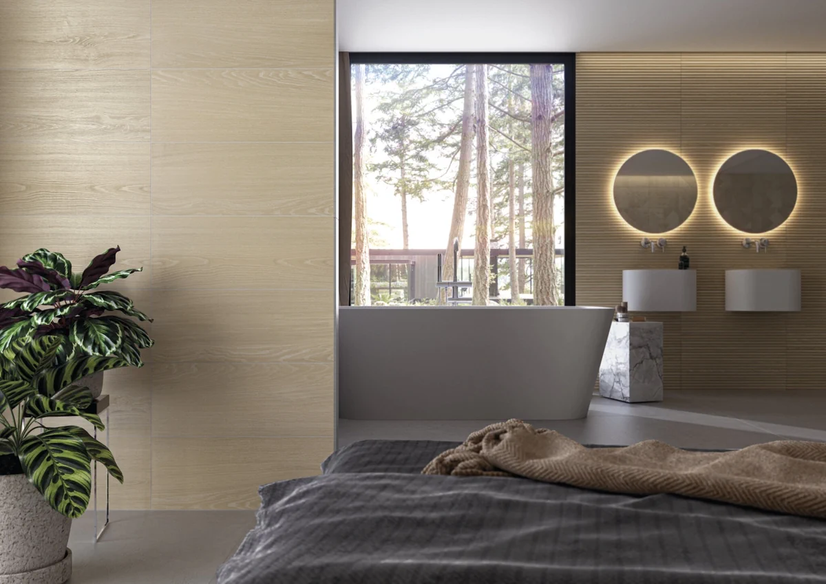 Gres Cifre VALKIRIA efekt drewno - aranzacja w eleganckiej lazience