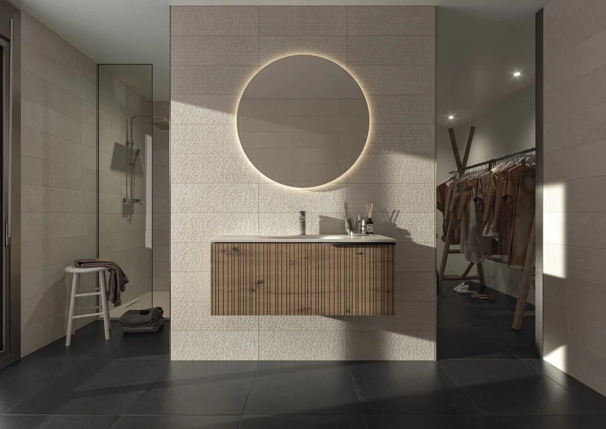 Gres Cifre MIDTOWN efekt kamień - aranzacja w eleganckiej lazience