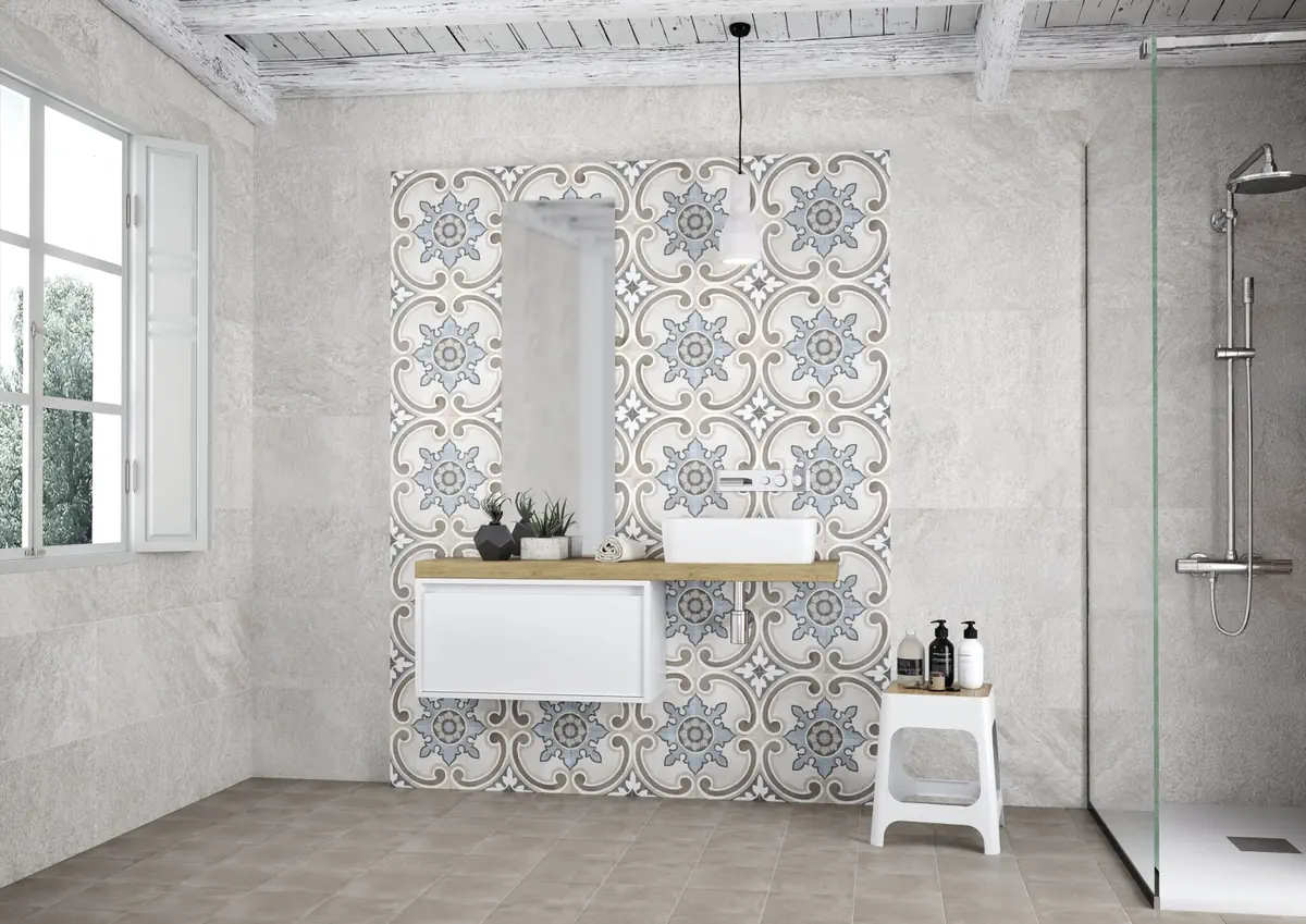 Gres Cifre ADOBE efekt beton - aranzacja w strefie dziennej z duzymi przeszkleniami
