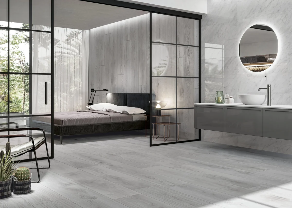 Gres Cifre VERMONT efekt drewno - aranzacja w eleganckiej lazience