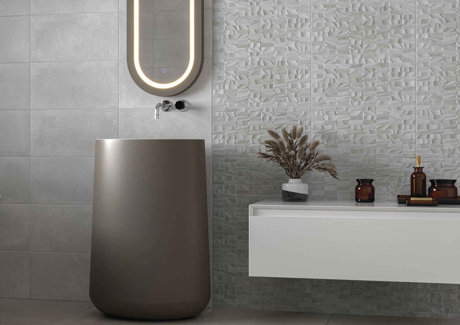 Gres Cifre BETON efekt kamień - aranzacja w eleganckiej lazience