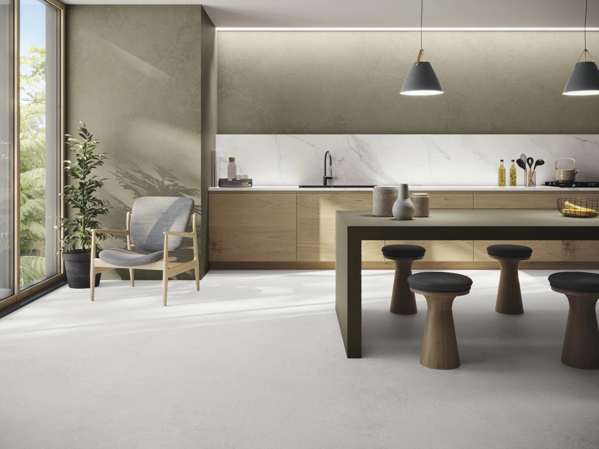 Gres Cifre NORWICH efekt beton - aranzacja w nowoczesnym salonie