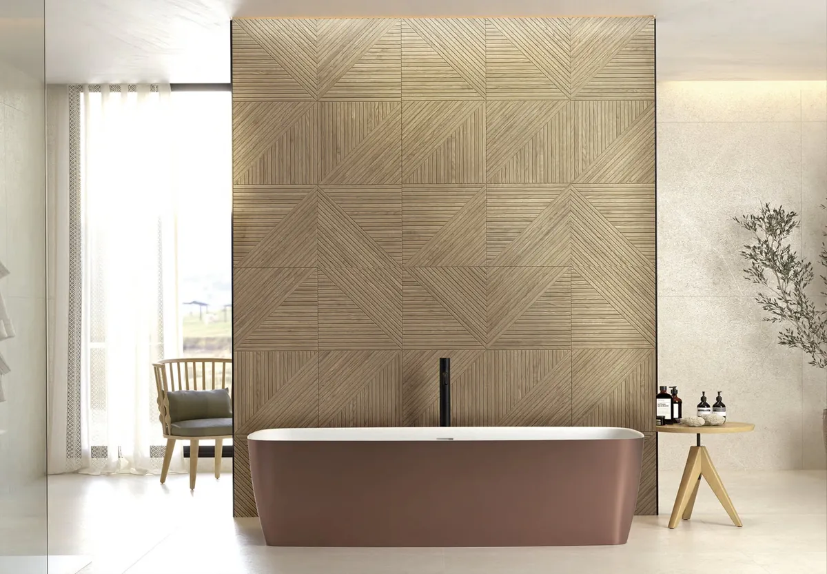 Gres Cifre GEOMETRIC efekt drewno - aranzacja w przestronnym holu