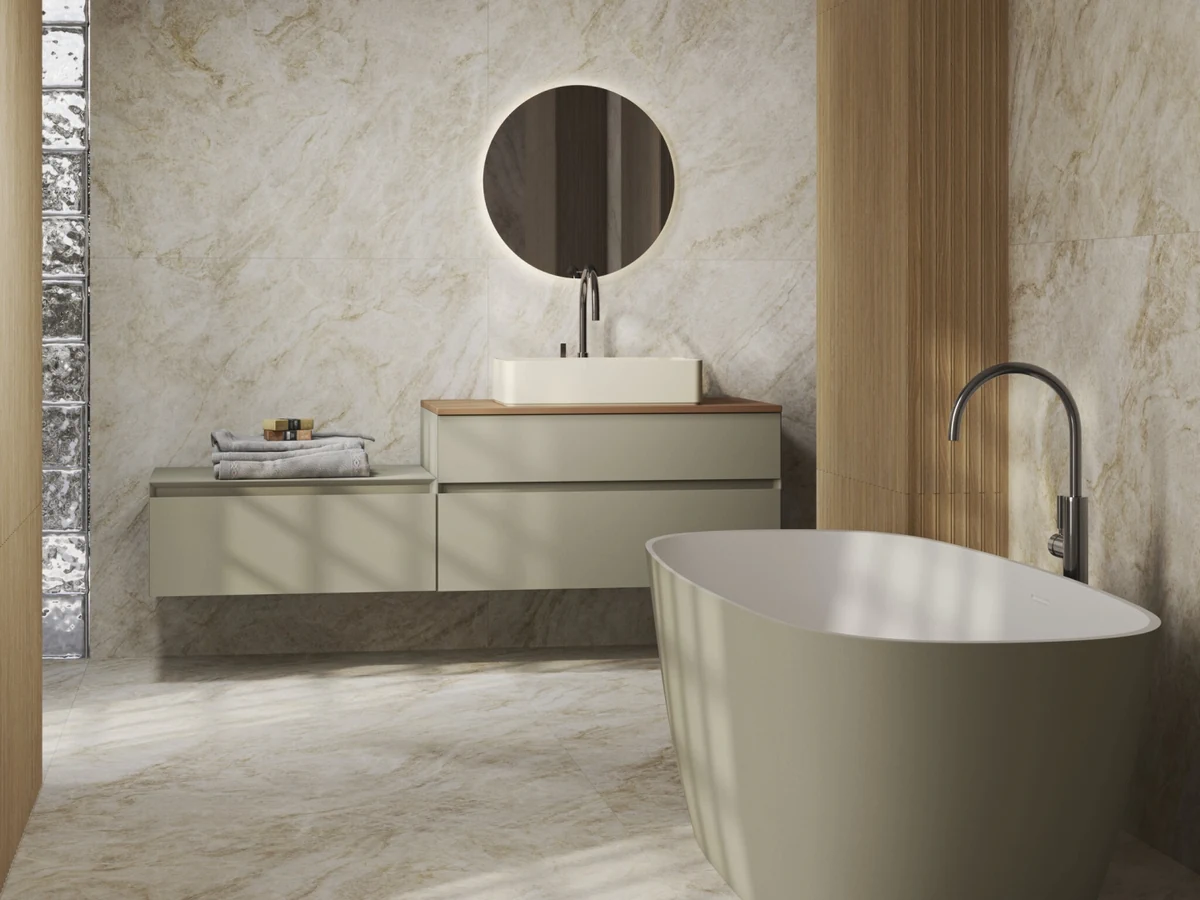 Gres Cifre TAJ MAHAL efekt marmur - aranzacja w eleganckiej lazience