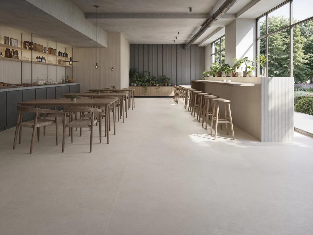 Gres Cifre BYRON efekt beton - aranzacja w przestronnym holu