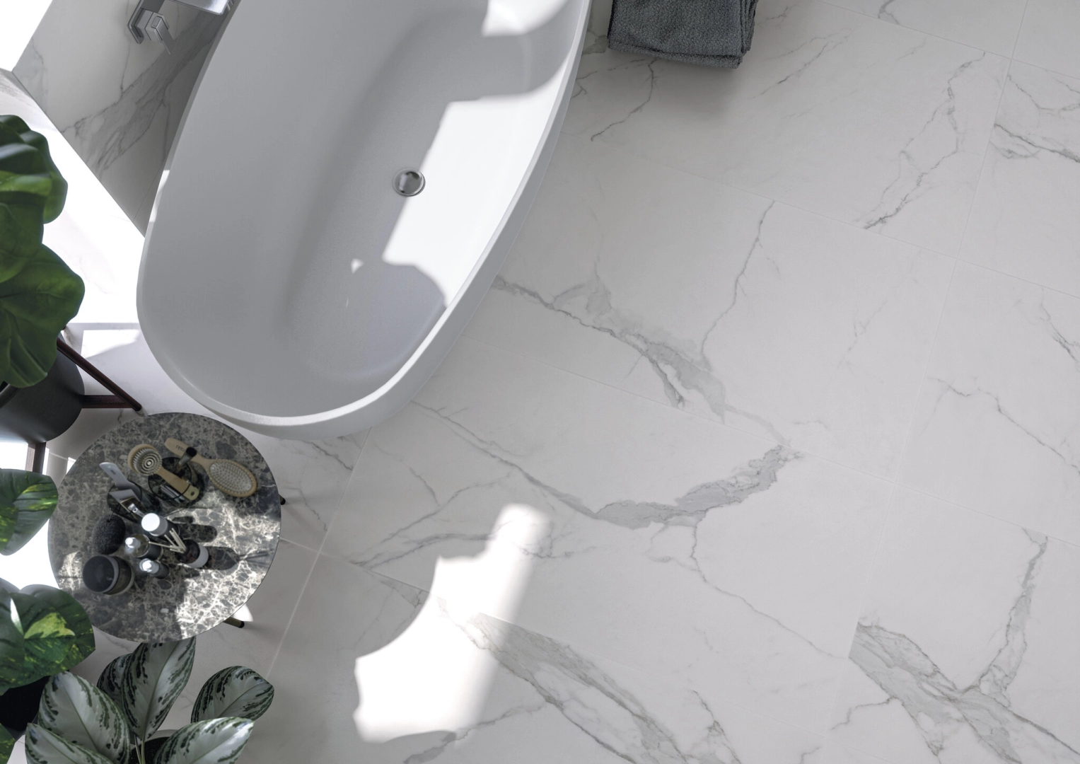 Gres Cifre ANIMA efekt marmur - aranzacja w minimalistycznym wnetrzu
