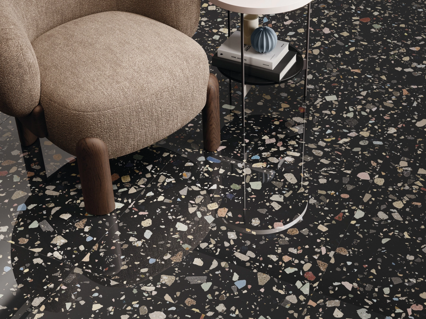 Gres Cifre GEMSTONE efekt terrazzo - aranzacja w nowoczesnym salonie
