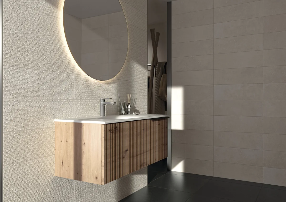 Gres Cifre MIDTOWN efekt kamień - aranzacja w przestronnym holu