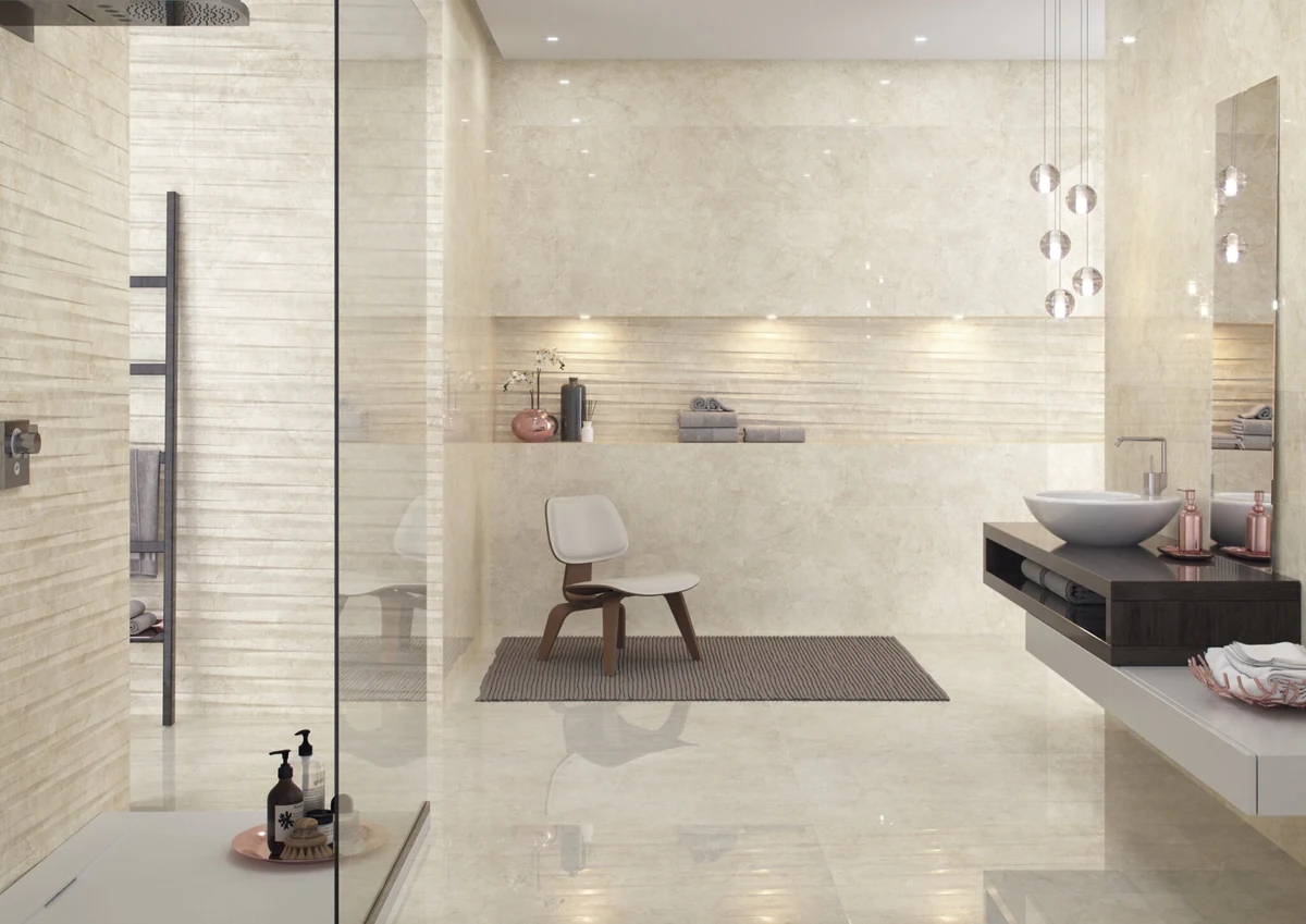 Gres Cifre CREMA MARFIL efekt kamień - aranzacja w eleganckiej lazience