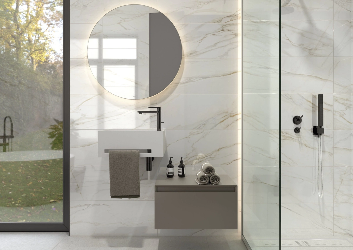 Gres Cifre CALEYA efekt marmur - aranzacja w eleganckiej lazience