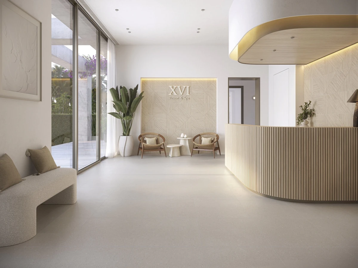 Gres Cifre GRAIN efekt beton - aranzacja w nowoczesnym salonie