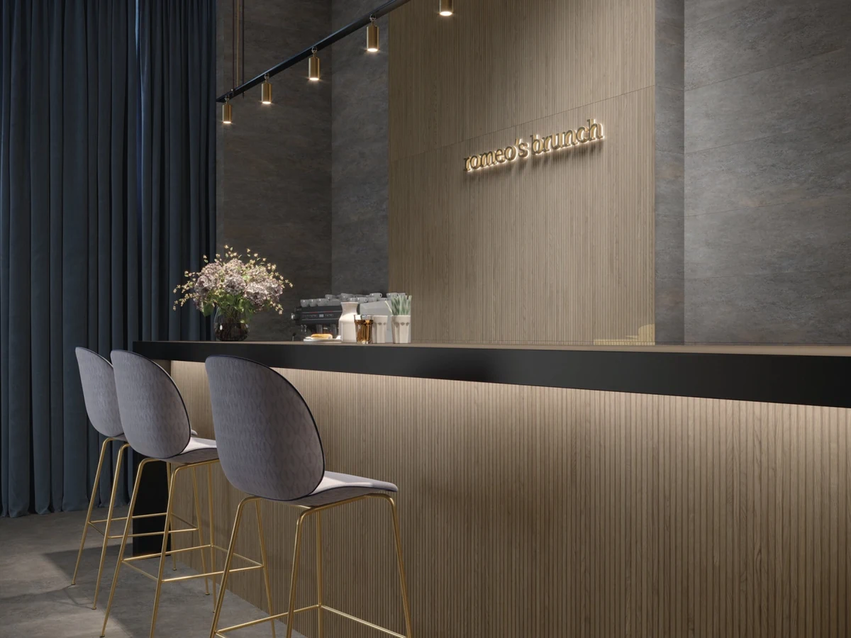 Gres Cifre DASSEL efekt drewno - aranzacja w przy kominku