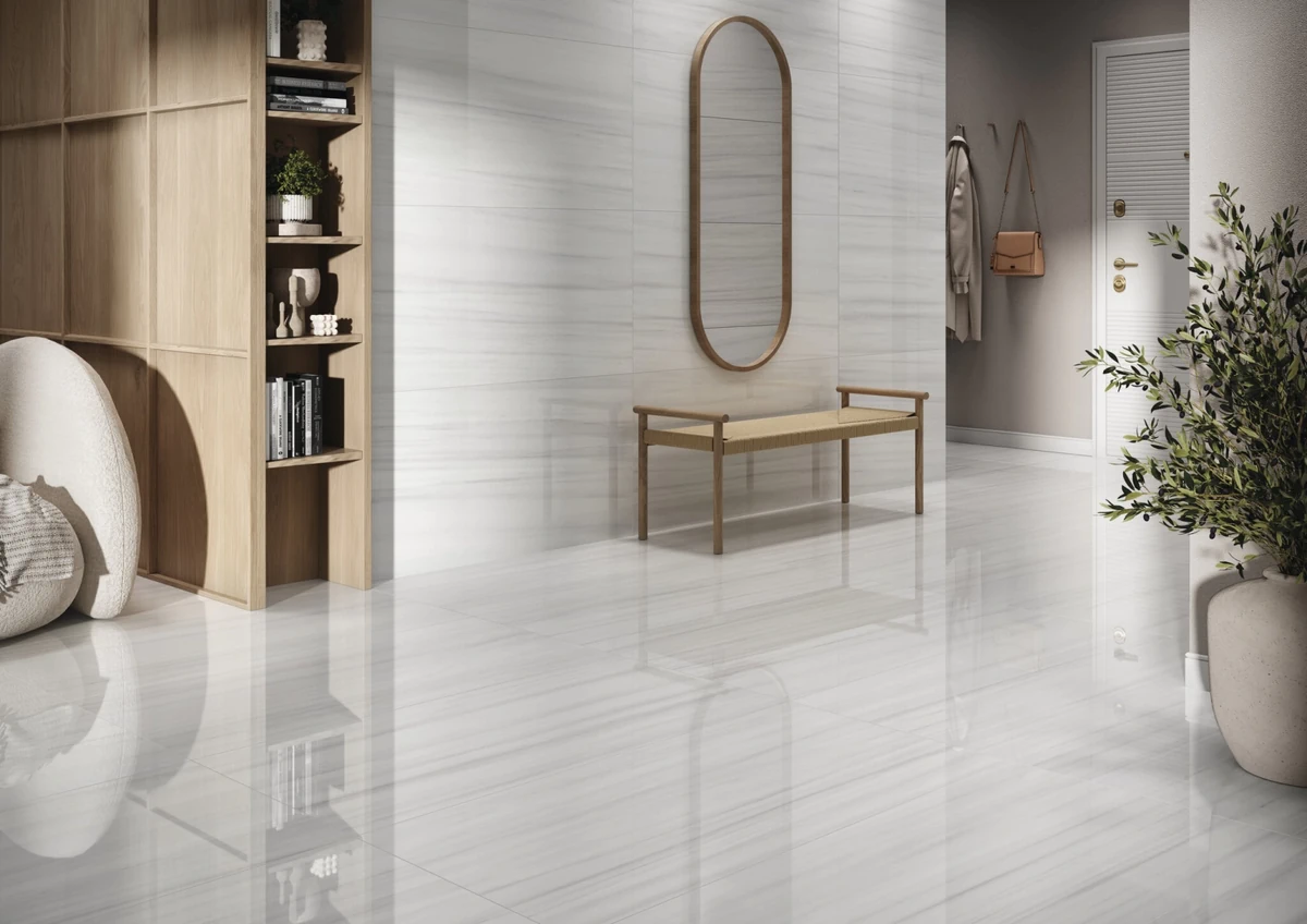 Gres Cifre DOLOMITE efekt marmur - aranzacja w przestronnym holu