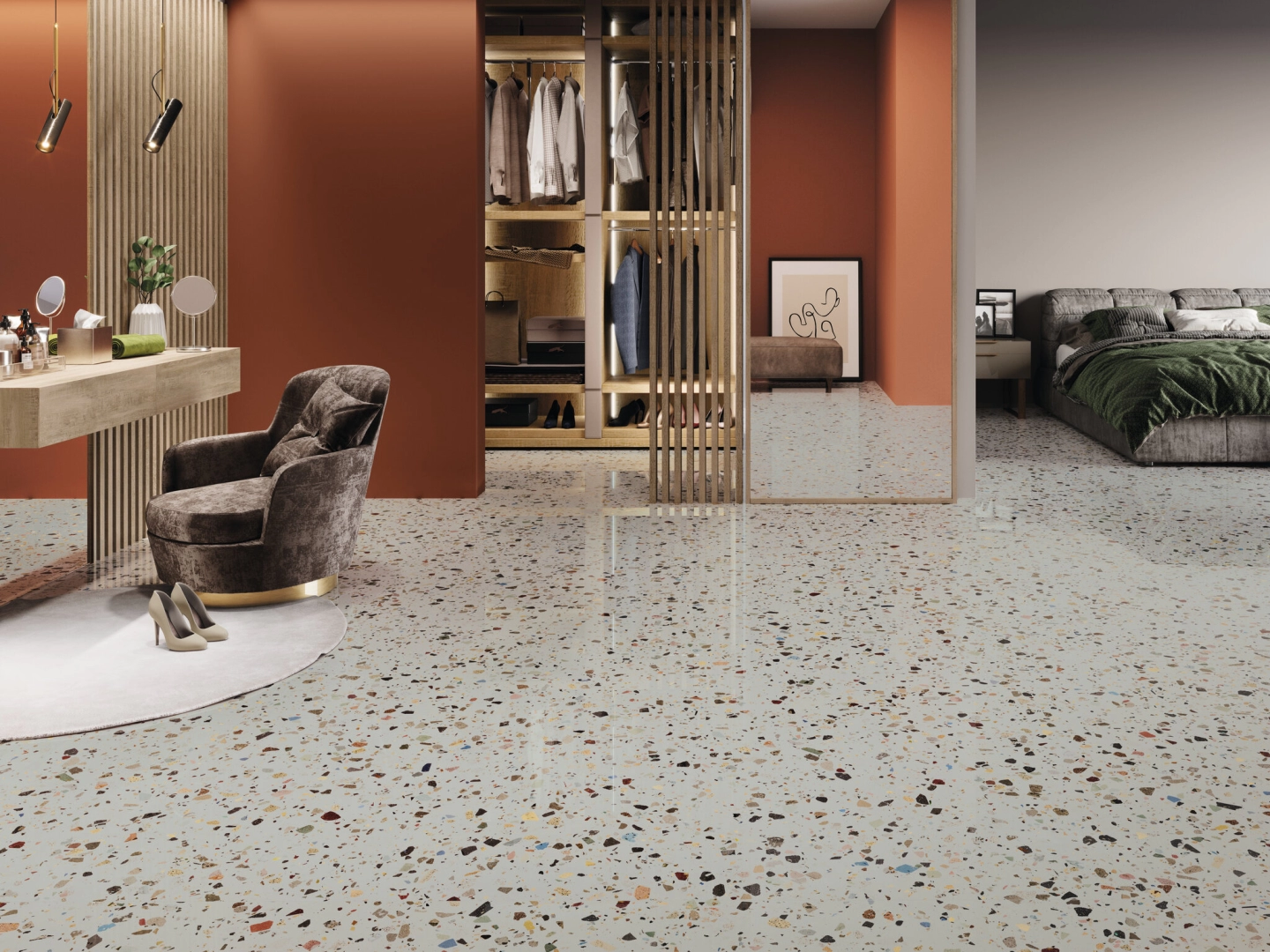 Gres Cifre GEMSTONE efekt terrazzo - aranzacja w przestronnym holu