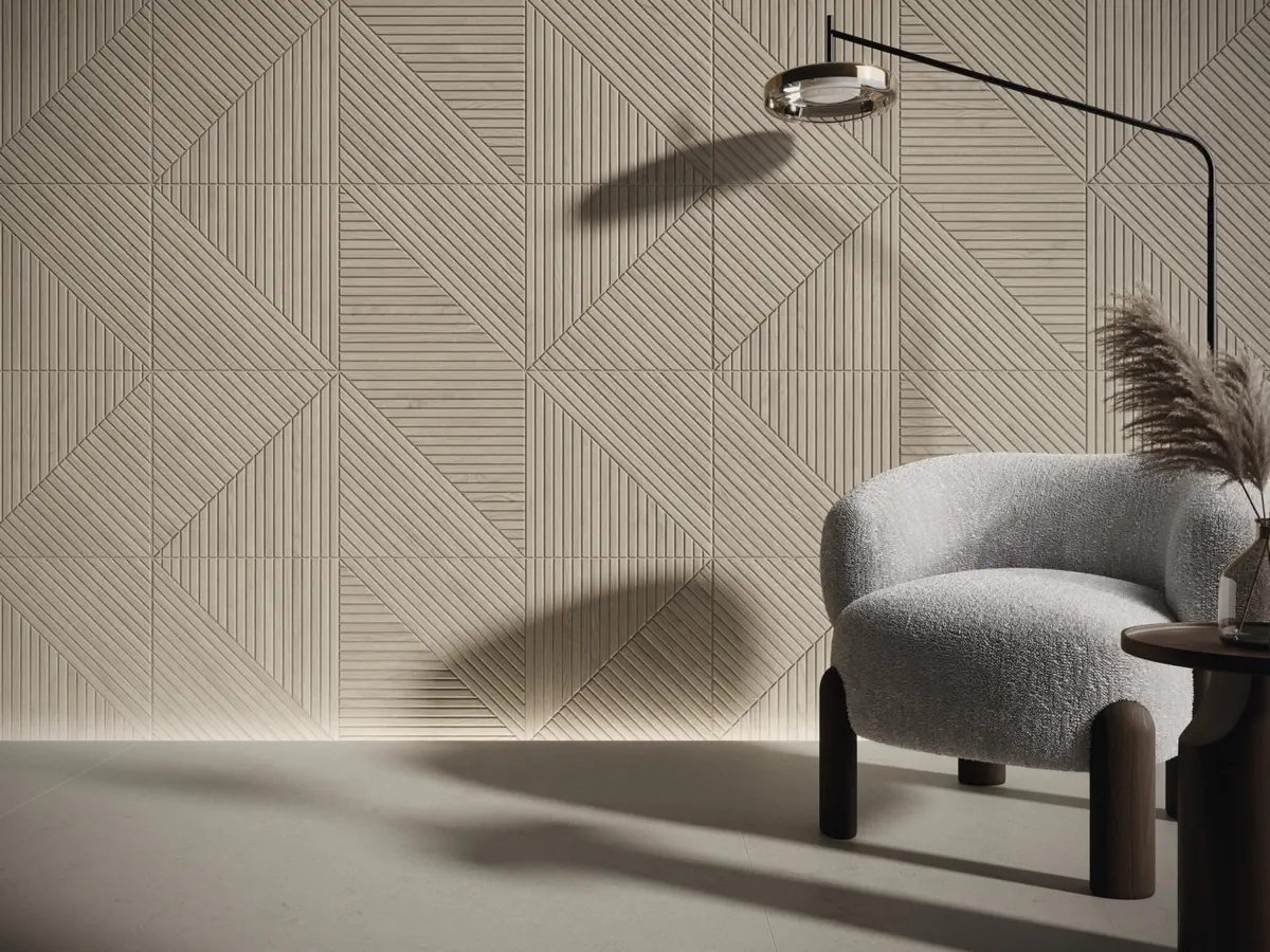 Gres Cifre GEOMETRIC efekt drewno - aranzacja w nowoczesnym salonie