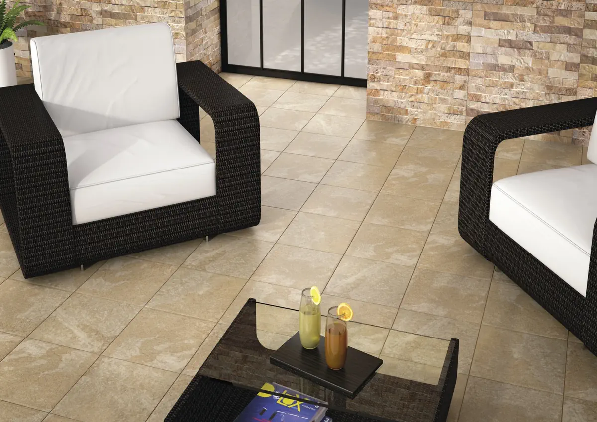Gres Cifre OUTDOOR efekt kamień - aranzacja w nowoczesnym salonie