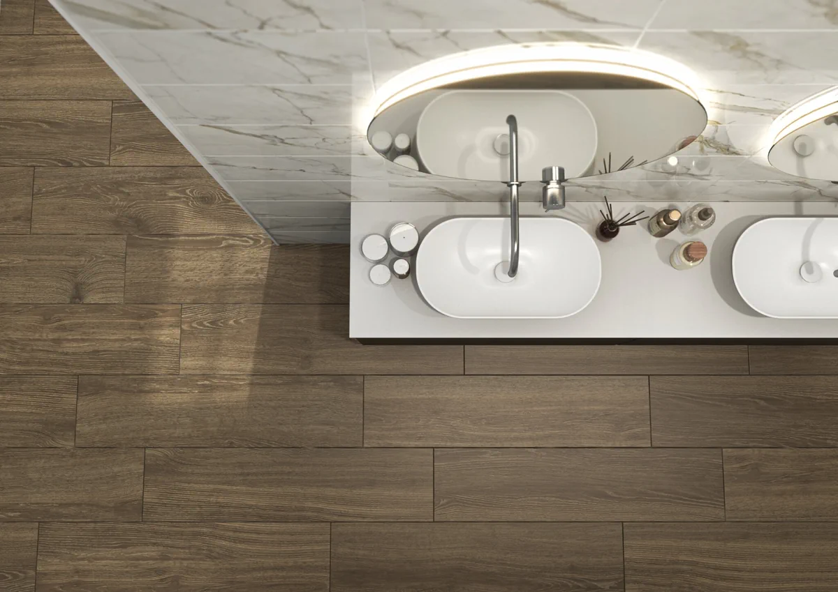 Gres Cifre AWAN efekt drewno - aranzacja w eleganckiej lazience